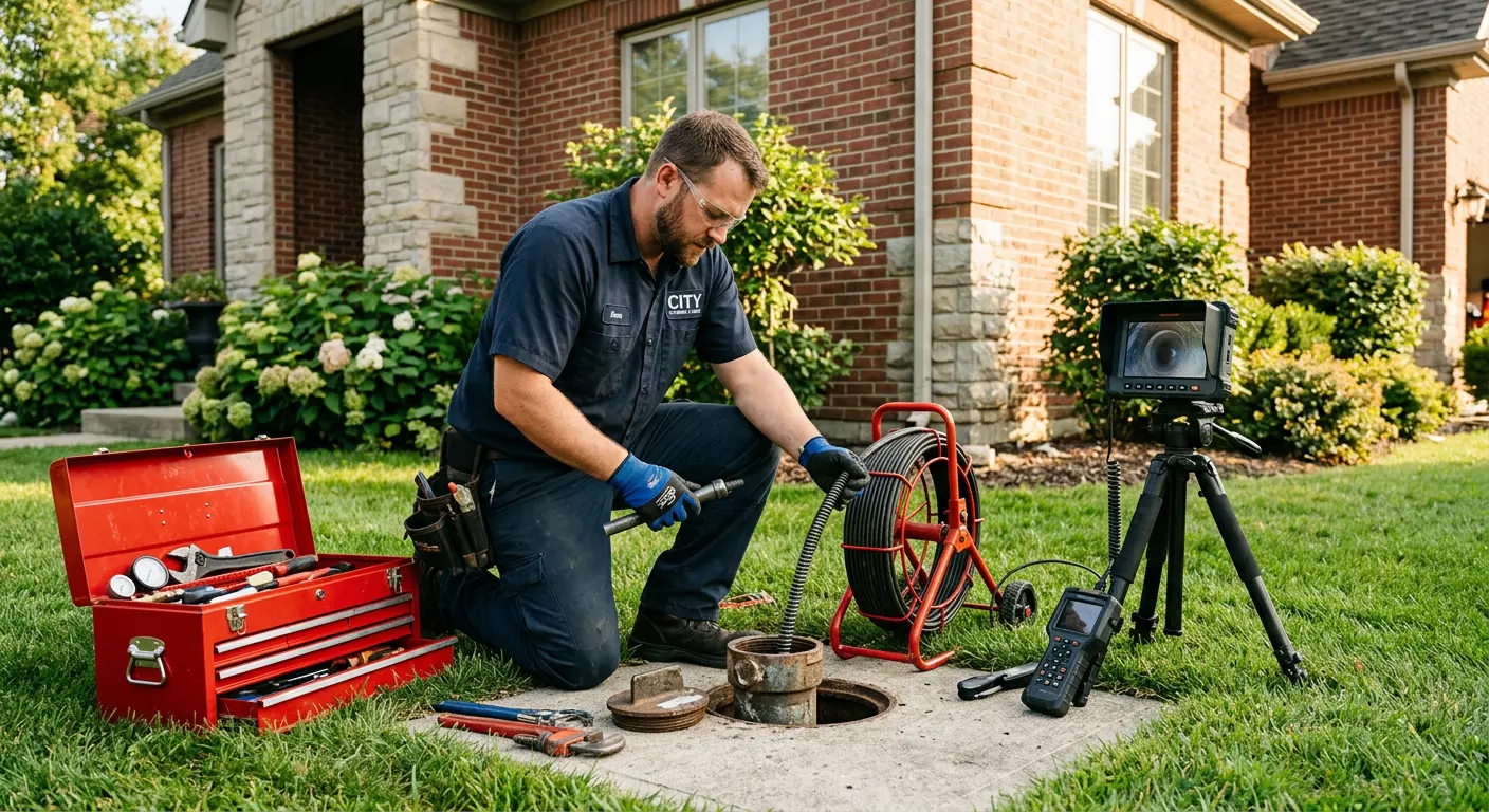 Sewer specialist with camera equipment servicing a cleanout in Sparta